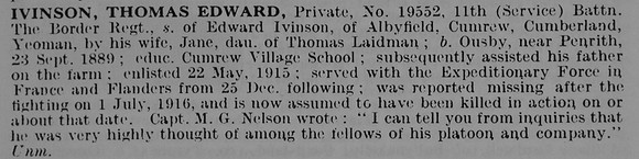 Ivinson T E Pte 19552 11th Border Regiment