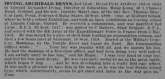 Irving A D 2nd Lt Royal Field Artillery
