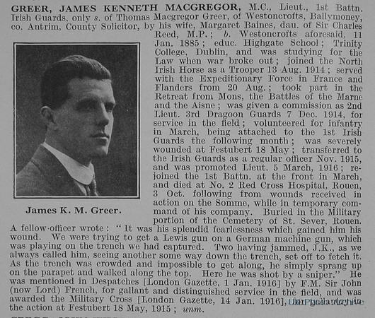 Greer J K M Lt MC 1st Irish Guards Obit De Ruvignys Roll Of Honour Vol 2