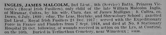 Inglis J M 2nd Lt 9th Royal Irish Fusiliers