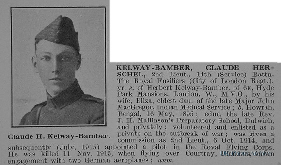 Kelway-Bamber C H 2nd Lt RFC Obit De Ruvignys Roll Of Honour Vol 2