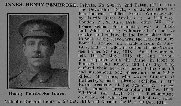 Innes H P Pte 290949 2nd Devonshire Regiment Obit De Ruvignys Roll Of Honour Vol 5
