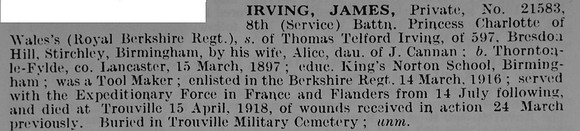 Irving J Pte 21583 8th Royal Berkshire Regiment