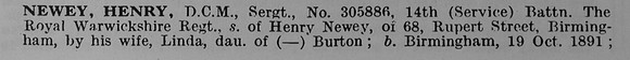 Newey H Sergt DCM 305886 14th Royal Warwickshire Regiment Obit Part 1