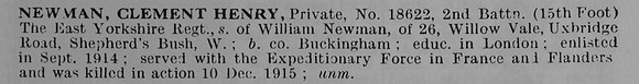 Newman C H Pte 18622 2nd East Yorkshire Regiment