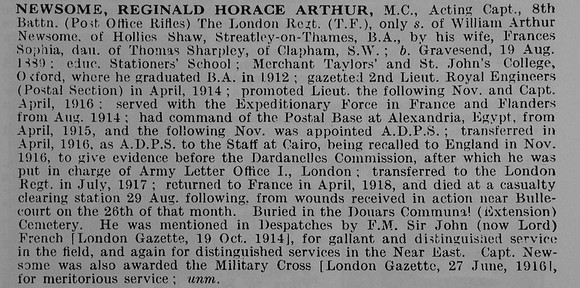 Newsome R H A Acting Captain MC 8th London Regiment