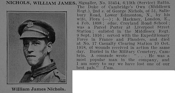 Nichols W J Sig 33454 13th Middlesex Regiment Obit De Ruvignys Roll Of Honour Vol 5