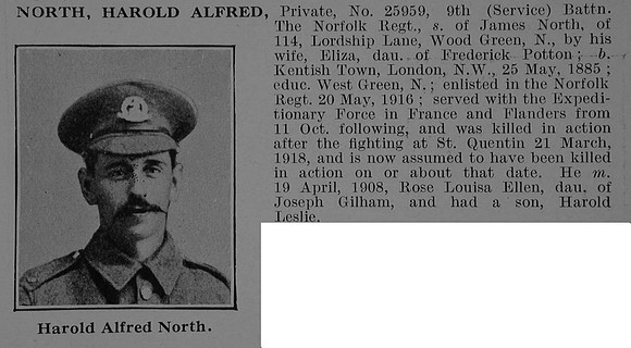 North H A Pte 25959 9th Norfolk Regiment Obit De Ruvignys Roll Of Honour Vol 5