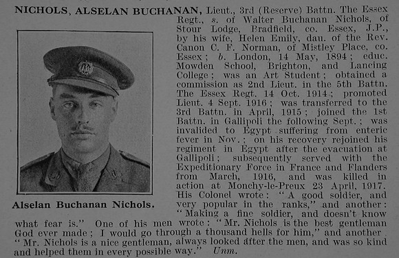 Nichols A B Lt 3rd Essex Regiment Obit De Ruvignys Roll Of Honour Vol 5