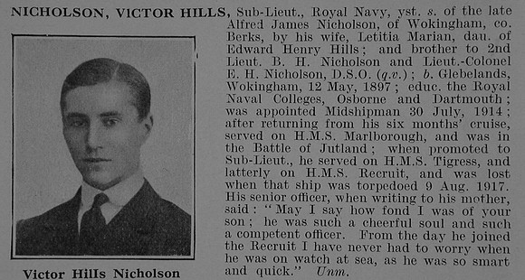 Nicholson V H Sub Lt H.M.S. Recruit Royal Navy Obit De Ruvignys Roll Of Honour Vol 5