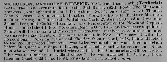 Nicholson R R 2nd Lt MC 4th East Yorkshire Regiment