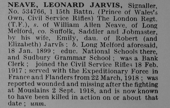 Neave L J Sig 15th London Regiment