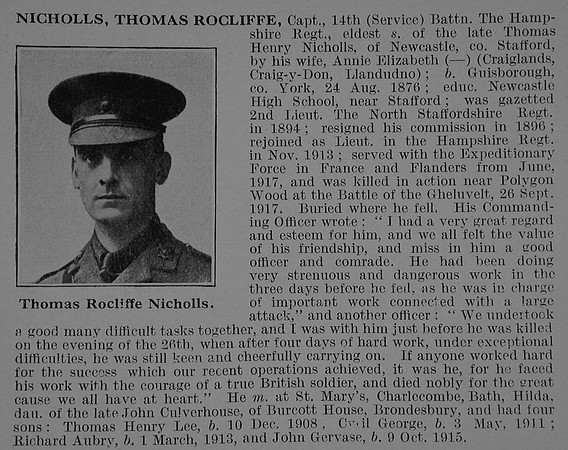 Nicholls T R Captain 14th Hampshire Regiment Obit De Ruvignys Roll Of Honour Vol 5