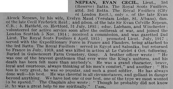 Nepean E C Lt 3rd Royal Scots Fusiliers Attd 3rd Royal Fusiliers