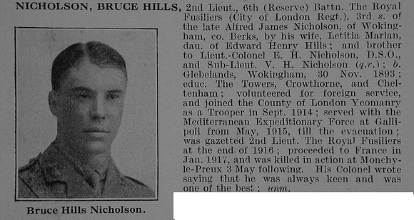 Nicholson B H 2nd Lt 6th Royal Fusiliers Obit De Ruvignys Roll Of Honour Vol 5
