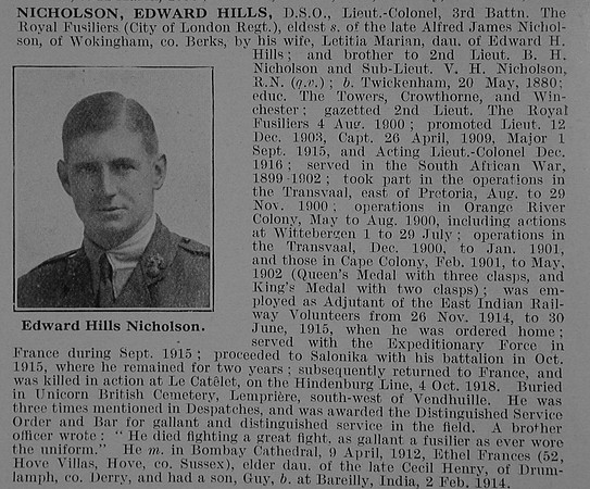 Nicholson E H Lt Col DSO 3rd London Regiment (Royal Fusiliers) Obit De Ruvignys Roll Of Honour Vol 5