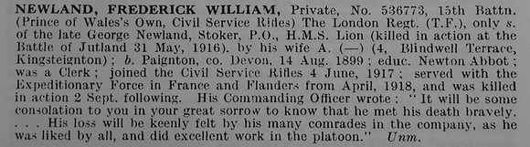 Newland F W Pte 536773 15th London Regiment