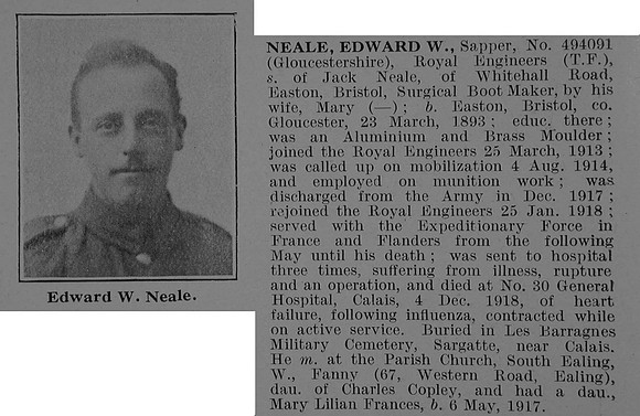 Neale E W Sapper 494091 Royal Engineers Obit De Ruvignys Roll Of Honour Vol 5