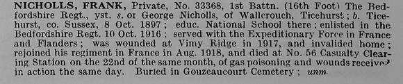 Nicholls F Pte 33368 1st Bedfordshire Regiment