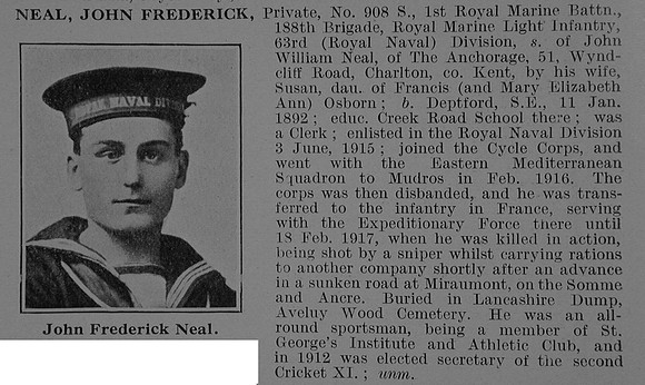 Neal J F Pte 908-S 1st R.M. Bn. R.N. Div Royal Marine Light Infantry Obit De Ruvignys Roll Of Honour Vol 5