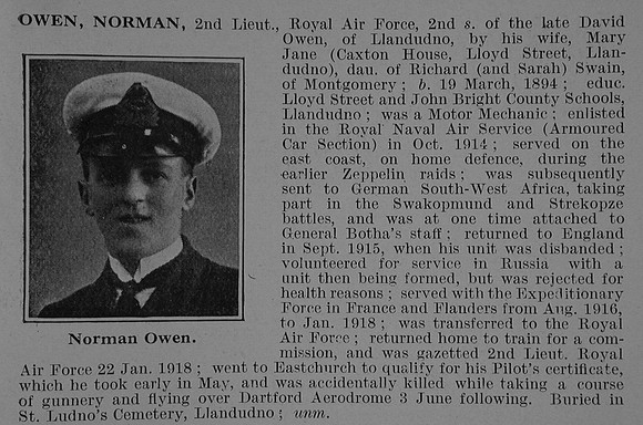 Owen N 2nd Lt Royal Naval Air Service Attd Royal Air Force Obit De Ruvignys Roll Of Honour Vol 5
