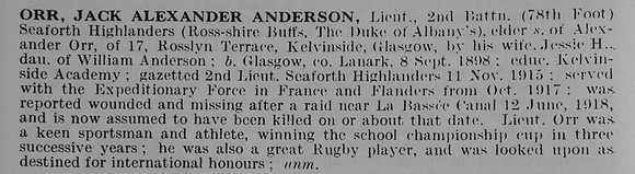 Orr J A A Lt 2nd Seaforth Highlanders
