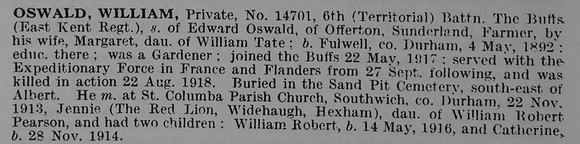 Oswald W Pte 14701 6th East Kent Regiment