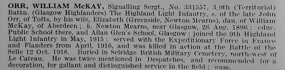 Orr W M Sergt 331557 9th Highland Light Infantry
