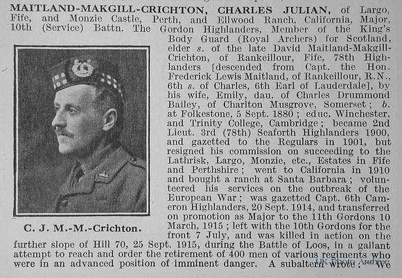 Maitland-Makgill-Crichton C J Major 10th Gordon Highlanders Obit