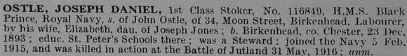 Ostle J D 1st Class Stoker 116849 HMS Black Prince Royal Navy
