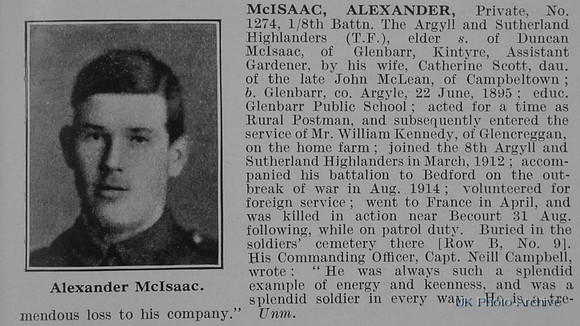 McIsaac A Pte 8th A & S Highlanders Obit De Ruvignys Roll Of Honour Vol 2