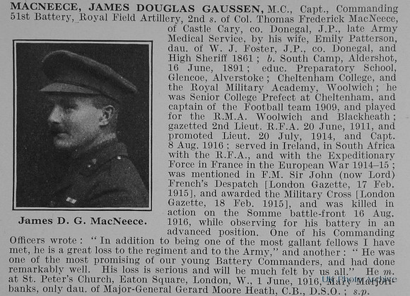 MacNeece J D G Captain MC RFA Obit De Ruvignys Roll Of Honour Vol 2