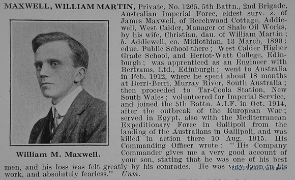 Maxwell W M Pte 1265 5th Australain Imperial Force Obit