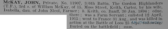 McKay J Pte 11907 6th Gordon Highlanders Obit