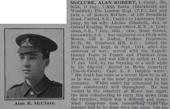 McClure A R LCpl 2618 20th London Regiment Obit Part 1 De Ruvgnys Roll Of Honour Vol 2