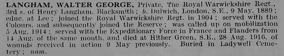 Langham W G Pte L/7935 1st Queen's Own (Royal West Kent Regiment)