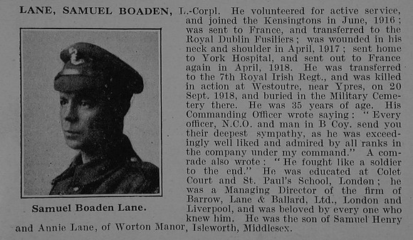 Lane S B LCpl 26616 7th Royal Irish Rifles (South Irish Horse) Obit De Ruvignys Roll Of Honour Vol 5