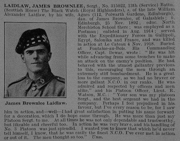 Laidlaw J B Sergt 315022 13th Black Watch (Scottish Horse) Obit De Ruvignys Roll Of Honour Vol 5