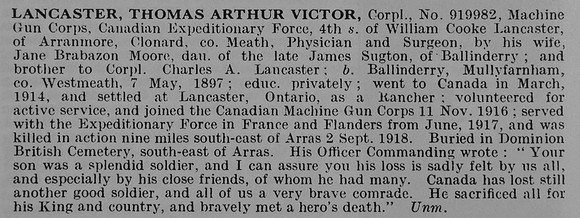Lancaster T A V Cpl 919982 Canadian Machine Gun Corps