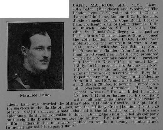 Lane M Lt MC MM 20th London Regiment Obit De Ruvignys Roll Of Honour Vol 5
