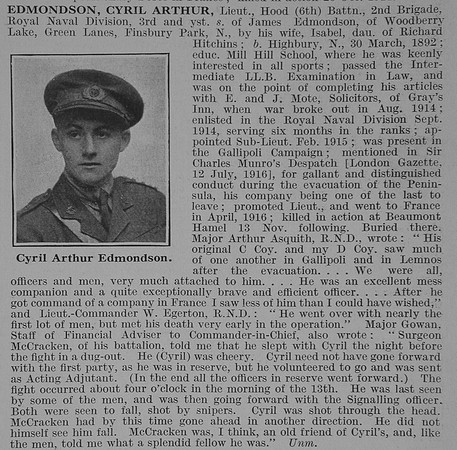 Edmondson C A Lt Hood Btn Royal Naval Division Obit De Ruvignys Roll Of Honour Vol 3