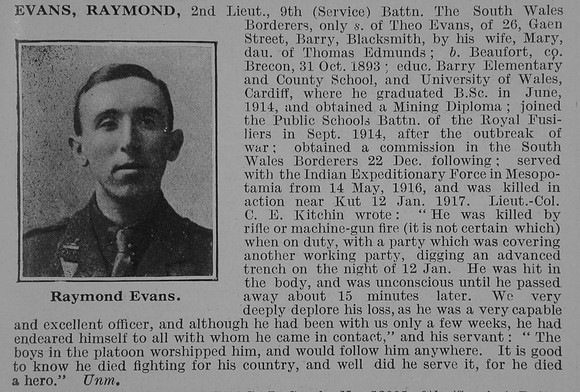 Evans R 2nd Lt 9th South Wales Borderers Obit De Ruvignys Roll Of Honour Vol 3