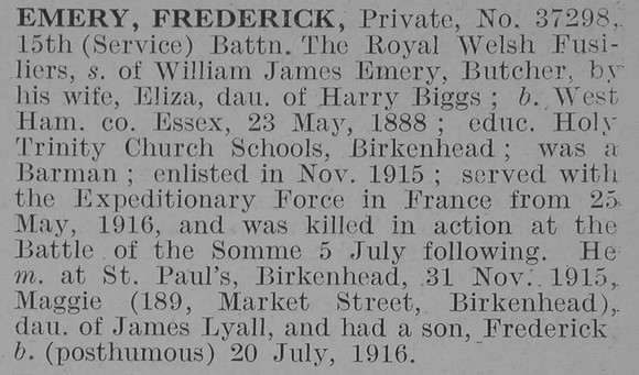 Emery F Pte 15th Royal Welsh Fusiliers Obit De Ruvugnys Roll Of Honour Vol 3