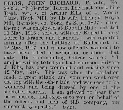 Ellis J R Pte 7th East Yorkshire Regiment Obit De Ruvignys Roll Of Honour Vol 3