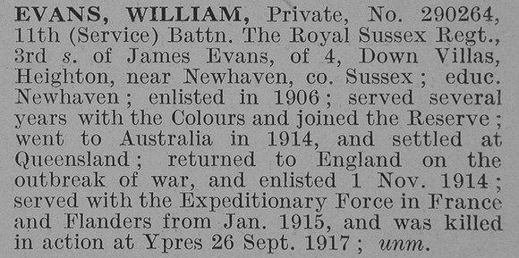 Evans W Pte 11th Royal Sussex Regiment Obit De Ruvignys Roll Of Honour Vol 3