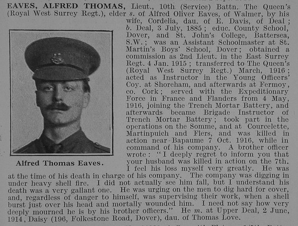 Eaves A T Lt 10th Queen's Royal West Surrey Regtiment Obit De Ruvignys Roll Of Honour Vol 3