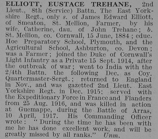 Elliott E T 2nd Lt 8th East Yorkshire Regiment Obit De Ruvignys Roll Of Honour Vol 3