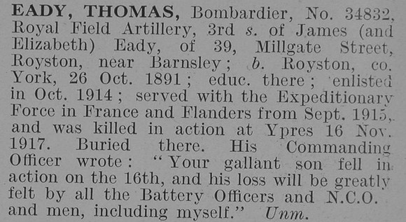 Eady T Bmdr Royal Field Artillery Obit De Ruvignys Roll Of Honour Vol 3