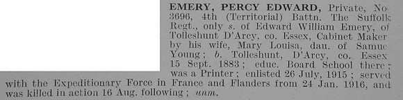 Emery P E Pte 3696 4th Suffolk Regiment Obit De Ruvignys Roll Of Honour Vol 3