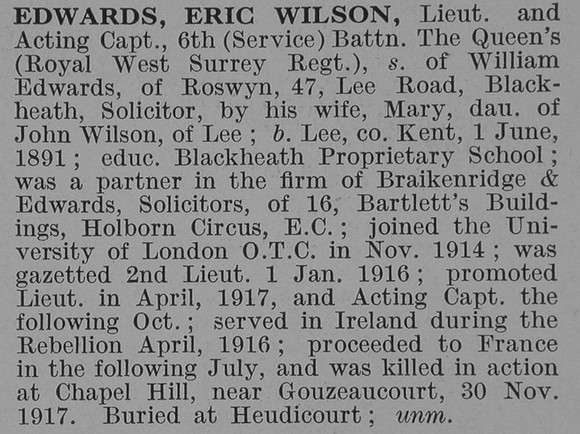 Edwards E W Lt 6th Queen's Royal West Surrey Regiment Obit De Ruvignys Roll Of Honour Vol 3